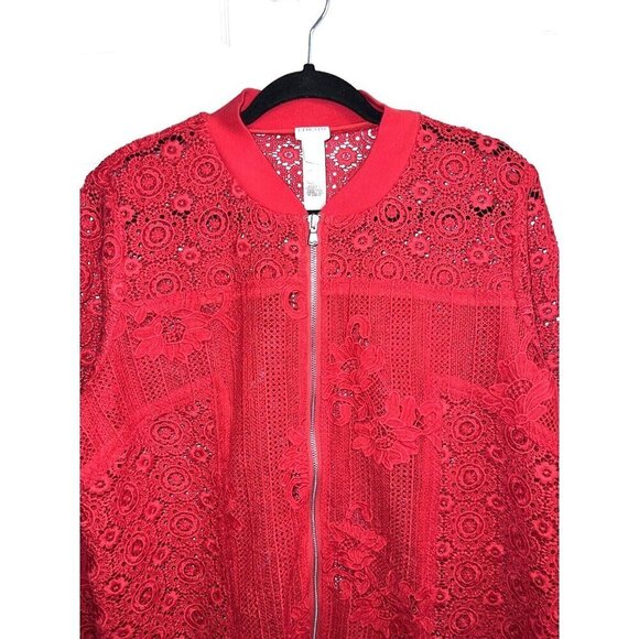 NWOT CHICO'S Red Lace Semi Sheer Full Zip Jacket Sz 2 / Large - Picture 3 of 16